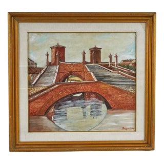 Pietro Bergami, Three Bridges of Comacchio, Oil on Panel For Sale