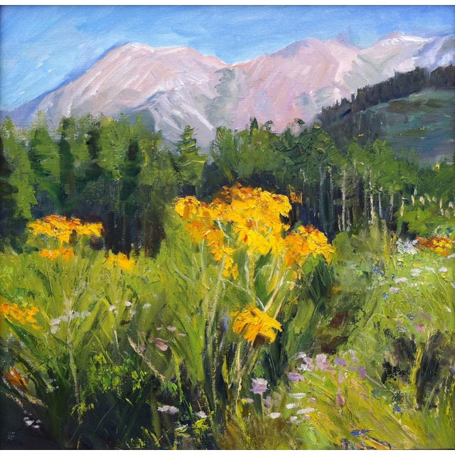 Wildflower Trail by Marin Dobson | Oil on panel Landscape with wildflowers and mountains. For Sale