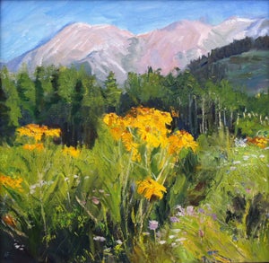 Wildflower Trail by Marin Dobson | Oil on panel Landscape with wildflowers and mountains.