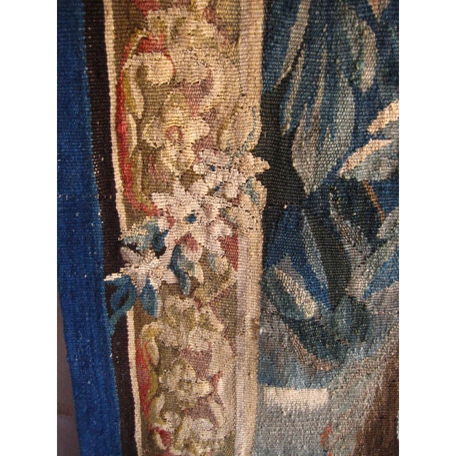 French Aubusson Signed Verdure Dog Hunting a Duck Red Flowers Borders Circa 1700 Hundreds For Sale - Image 16 of 18