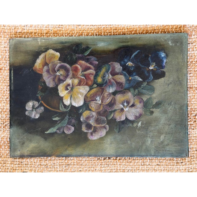 Textile Antique Floral Oil on Board For Sale - Image 7 of 8