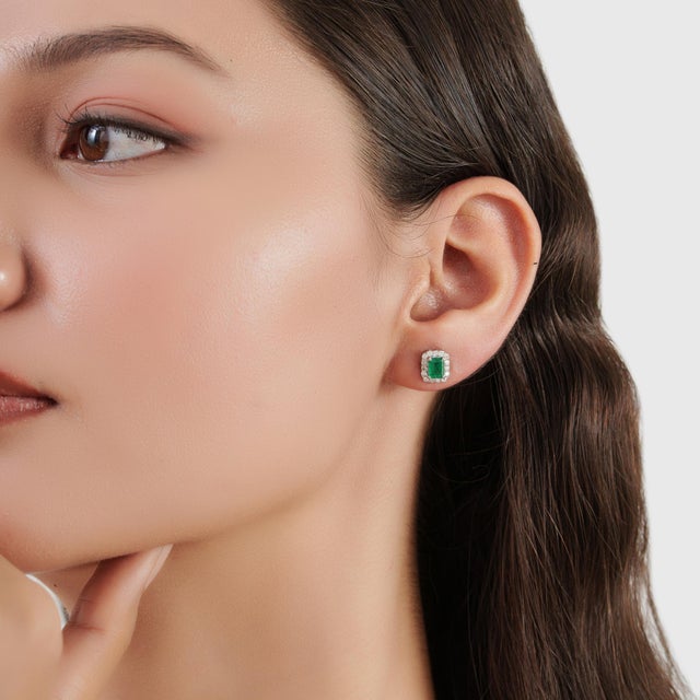 Art Deco Octagon Cut Emerald & Diamond Halo Stud Earrings - 2 Pieces For Sale - Image 4 of 12