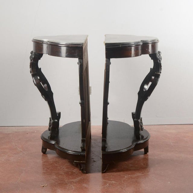 Carved Wooden Consoles with Marble Top, Set of 2 For Sale - Image 3 of 9