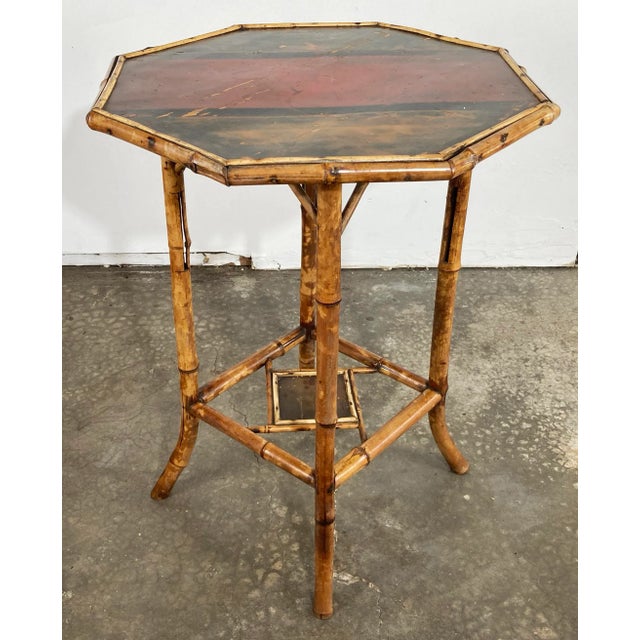 Early 20th Century Antique Hand Painted Chinoiserie Style Scorched Bamboo Table For Sale - Image 5 of 13