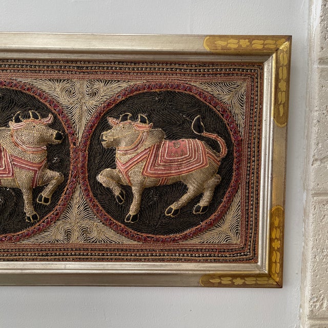 Vintage Burmese Embroidery with Sequins & Glass Balls hand made framed wood Silver and gold leaf on a corner.