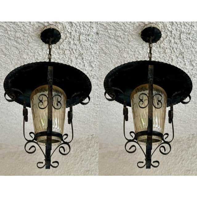 French Iron and Tole Glass-Paneled Lantern, 1970s, Set of 2 For Sale - Image 10 of 10