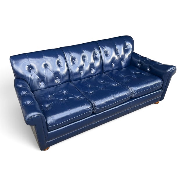 1960s Hollywood Regency Navy Blue Button-Tufted Leather Sofa For Sale In Los Angeles - Image 6 of 13