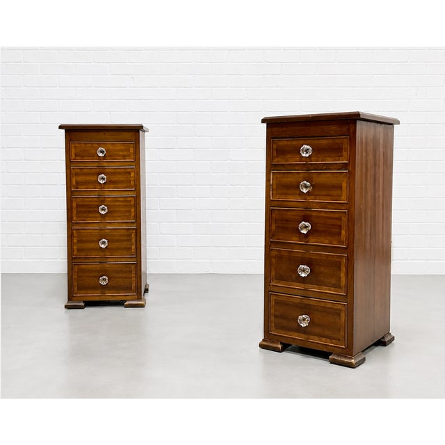 Pair of Federal Style Narrow Mahogany Dressers | 1920's Skinny Nightstands Glass Knobs For Sale - Image 9 of 12