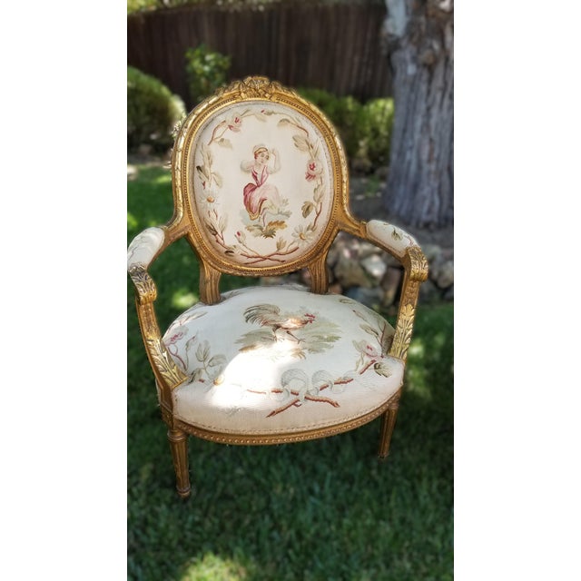 French Late 19th C. Louis XVI Revival Giltwood Aubusson Tapestry Salon Suite | Canapé & Four Fauteuils For Sale - Image 3 of 18