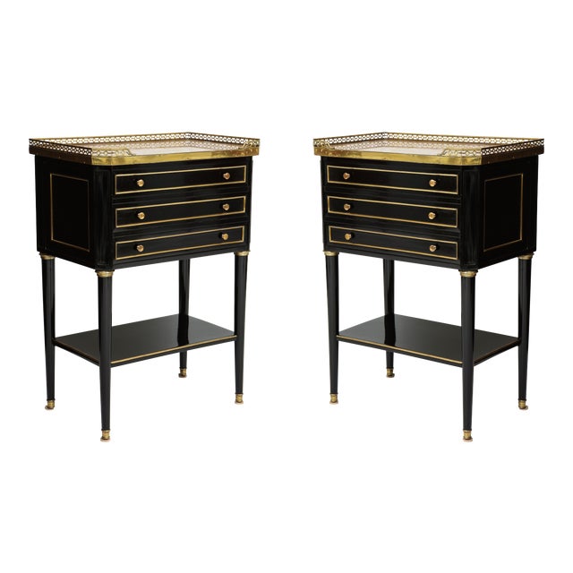 French Louis XVI Style Marble-Top End Tables With Brass Gallery - a Pair For Sale