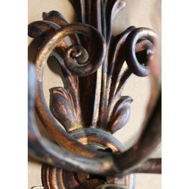 Metal Vintage Baroque Style Three-Light Wall Lamps, 1950s, Set of 2 For Sale - Image 7 of 13