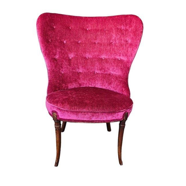 Velvet Red Cherry Wing Back Chair For Sale - Image 4 of 8