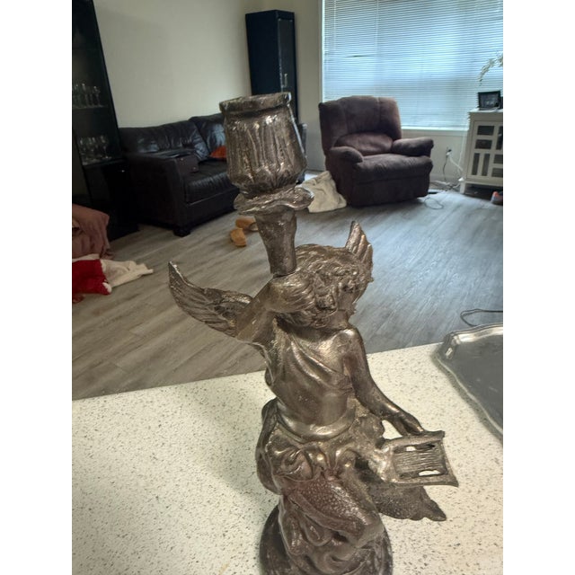 Art Deco Antique Bronze Cherub Holding a Torch Candle Holder 14in For Sale - Image 3 of 9