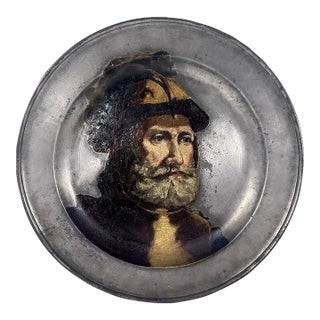 Georgian John Townsend Pewter Sadware Charger Decorated French School "A Knight" For Sale