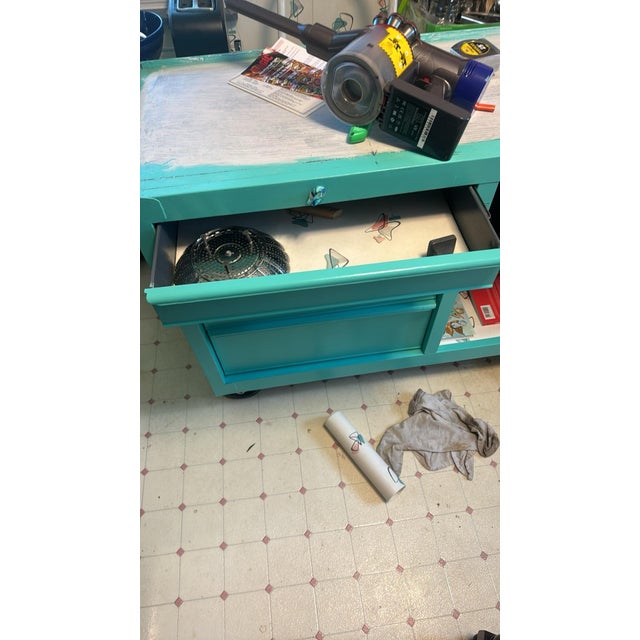 Art Deco Vintage Industrial Rolling Kitchen Island / Butcher Block Cart – Teal For Sale - Image 3 of 5