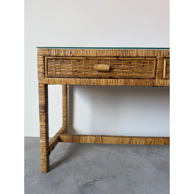 Vintage Palm Beach Regency Coastal Rattan Console Table With Glass Top/ Sold For Sale - Image 11 of 12