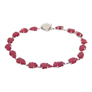 Leaf Carved Ruby and Diamond Bracelet in 18k White Gold, 4.3ct Ruby, USAMade For Sale