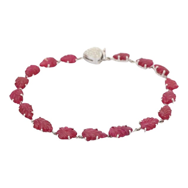 Leaf Carved Ruby and Diamond Bracelet in 18k White Gold, 4.3ct Ruby, USAMade For Sale