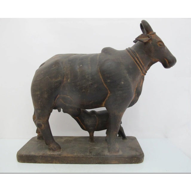 Kamadhenu Wooden Cow & Calf Rustic Hand Carved India Hindu Folk Art Sculpture For Sale - Image 9 of 11