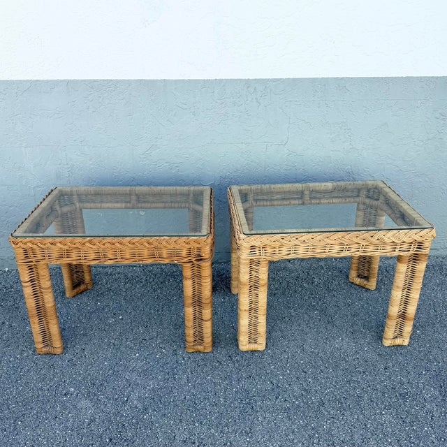 Boho Chic Woven Wicker Glass Top Side Tables - A Pair For Sale In West Palm - Image 6 of 8