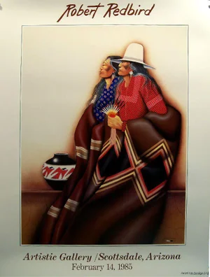 1990s Robert Redbird Double Figure American Indian Figurative Offset Lithograph