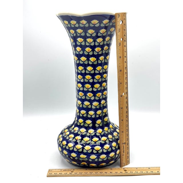 1990s Vintage MCM Polish Pottery Boleslawiec Large Ceramic Blue Floral Artist Signed Vase For Sale - Image 5 of 6