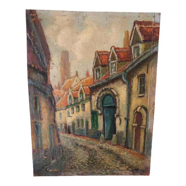 Oil on Board European Village Painting For Sale