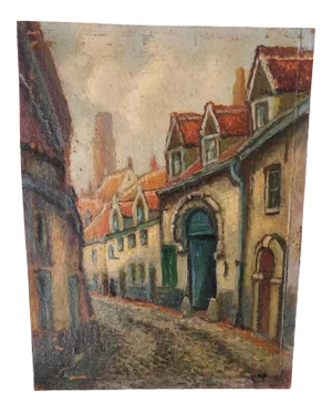 Oil on Board European Village Painting