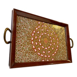 Antique Mahogany Serving Tray with Cuban Cigar Bands, 1920s For Sale