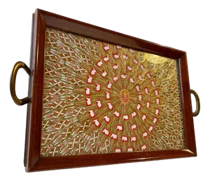 Antique Mahogany Serving Tray with Cuban Cigar Bands, 1920s
