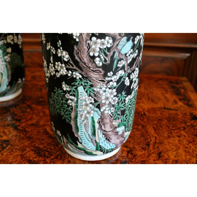 Pair of Large Famille Noir Chinese Porcelain Vases For Sale - Image 9 of 18
