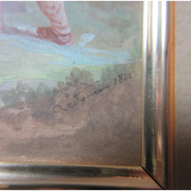 Antique Original 1869 Feeding Child Feeding Chicken Gouache Watercolor Painting For Sale - Image 11 of 11