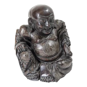 Early 20th Century Chinese Carved Hardwood Buddha Budai Figure With Silver Wire Inlay