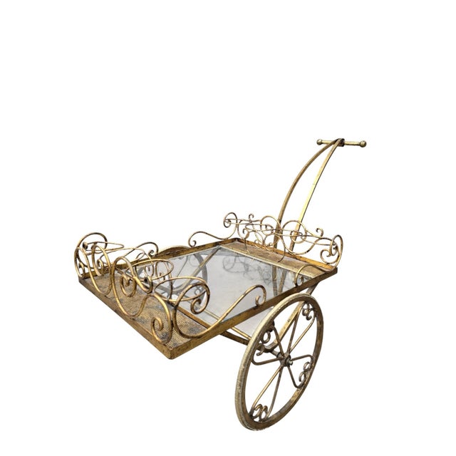 Brass Mid 20th Century Hollywood Regency Gilt Iron Tea/Bar Cart on Wheels For Sale - Image 8 of 12