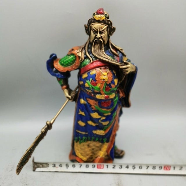 Chinoiserie Enameled Brass Guan Gong Sculpture, Colorful Cloisonne Warrior God Figurine, Chinoiserie Tabletop Decor For Sale - Image 3 of 8