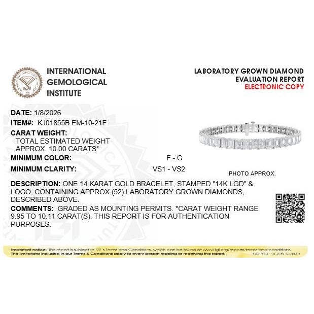 2020s IGI Certified 14K White Gold 10.0 Cttw Emerald Cut Lab Grown Diamond Tennis Bracelet For Sale - Image 5 of 5