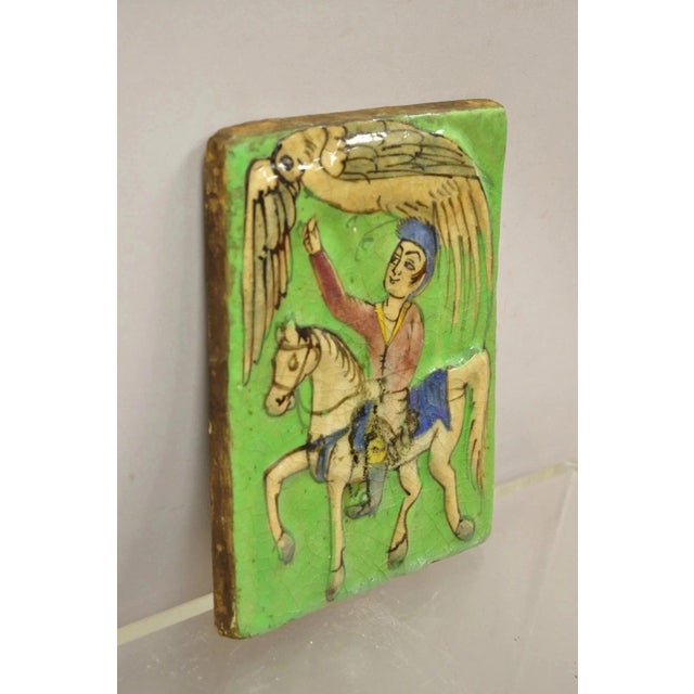 Antique Persian Iznik Qajar Style Ceramic Pottery Green Tile Phoenix W/ Rider C4 For Sale In Philadelphia - Image 6 of 10