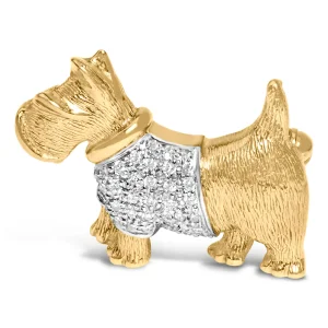 18K Yellow Gold1/3 Cttw Diamond Scottish Terrier Brooch Pin and Pendant with Satin Finish (G-H Color