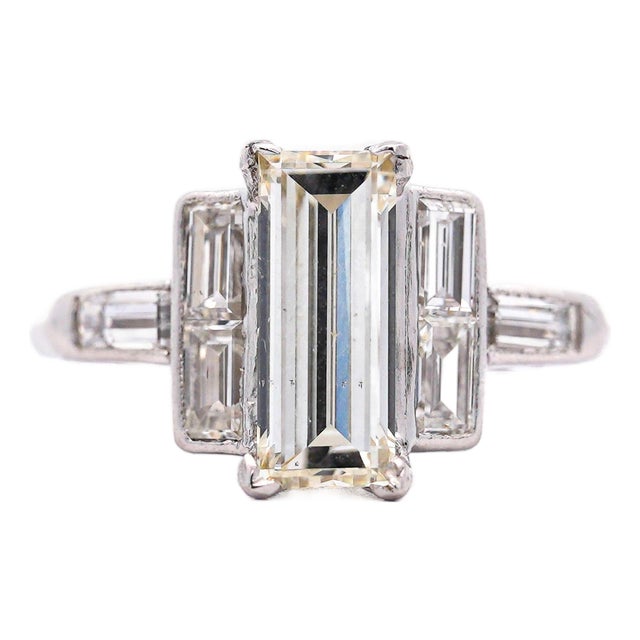 1930s Gia Certified 1.56 Carat Long Emerald Cut Diamond Vintage Art Deco Platinum Ring, Size 5 For Sale
