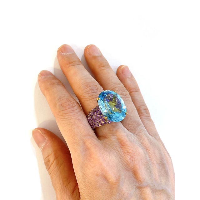 Bochic "Orient" Vintage Blue Topaz & Pink Sapphire Cocktail Ring 18K Gold & Silver, Size 7 For Sale - Image 12 of 18
