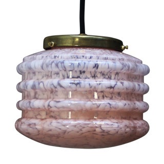 Art Deco French Pink Reeded Glass Clichy Pendant Lamp For Sale