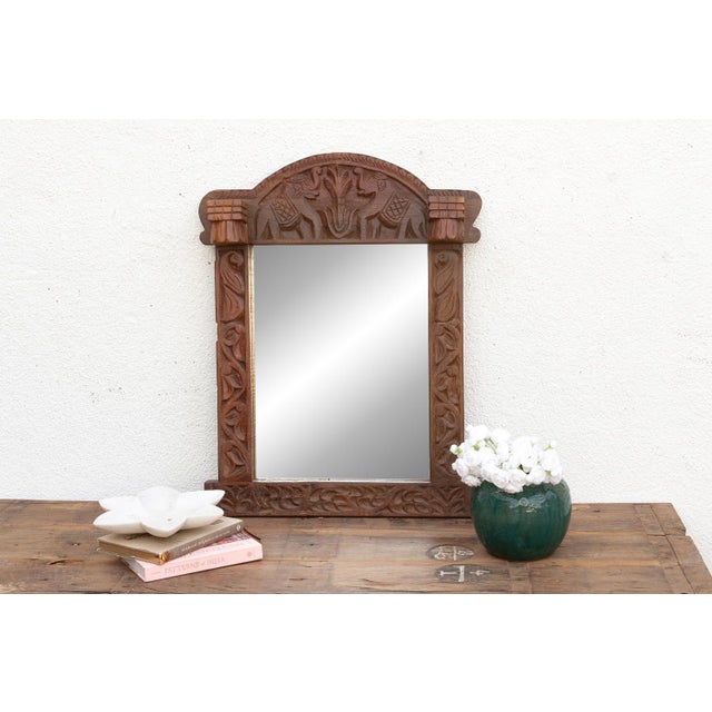 Wood Dark Walnut Finish Tribal Carved Mirror For Sale - Image 7 of 7