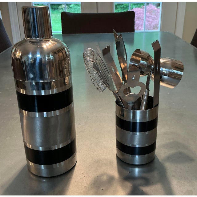 Vintage Stainless Steel "Tuxedo Stripe" 7-Piece Bar Tool Set For Sale - Image 4 of 12