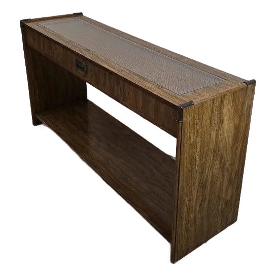 Vintage Mid Century Modern Wood Cane & Glass Top Sofa/Console Table For Sale