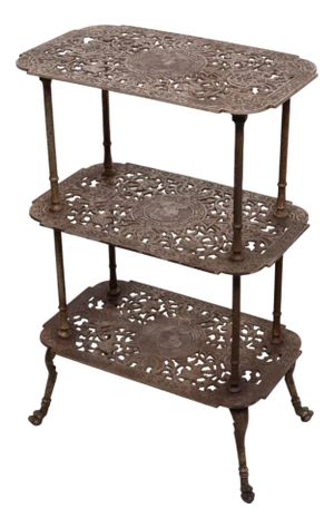 Antique French Ornate Cast Iron and Brass 3-Tier Side Table, 1880s