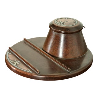 Heintz Arts & Crafts Sterling Silver on Bronze Inkwell With Pen Tray For Sale