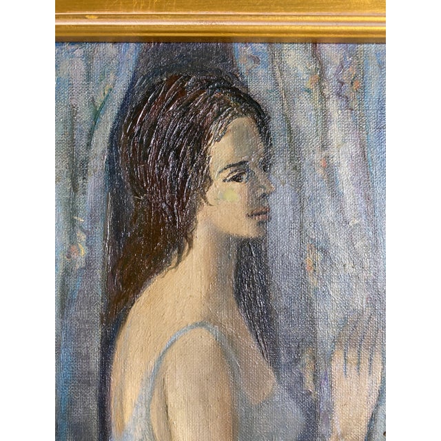 The American School “Woman in Blue” Original Oil Painting For Sale - Image 3 of 12