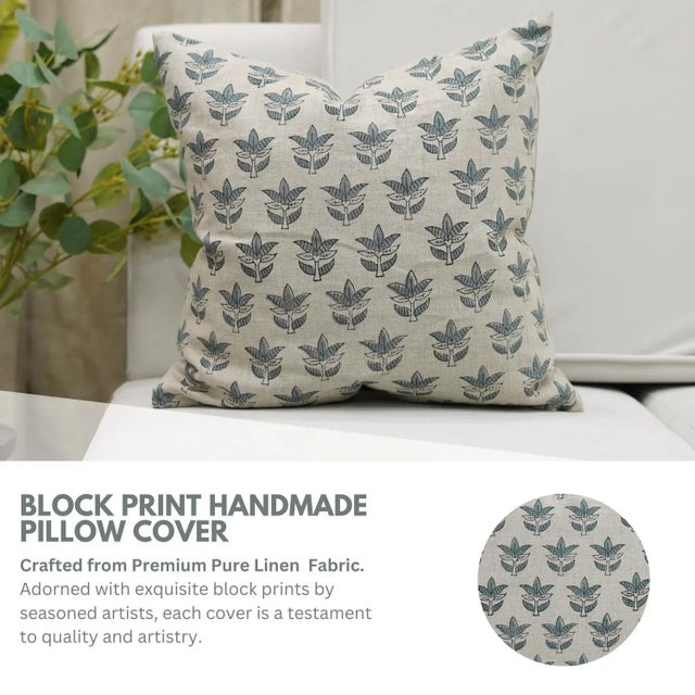Not Yet Made - Made To Order Floral Block Print Cushion Cover for Home Decor Pure Linen 20x20 Inch- 7Patt For Sale - Image 5 of 5
