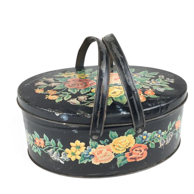 Antique Toile Transfer-Ware Covered Tin Basket For Sale - Image 13 of 13