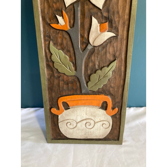 Vintage Folk Art Hand-Carved Floral Wood Wall Panel With Bird For Sale - Image 4 of 5